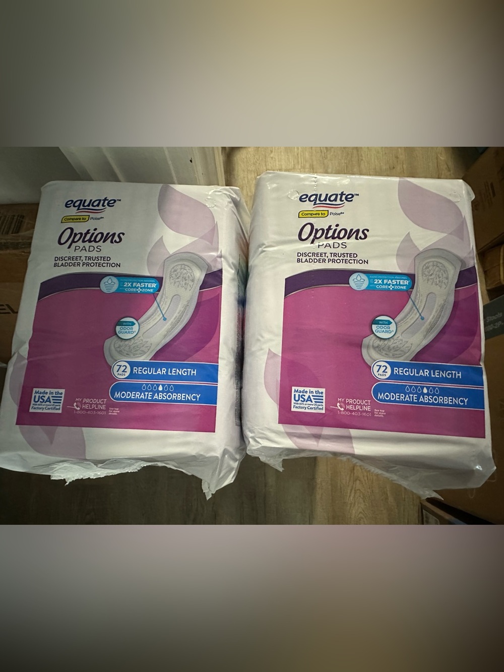 2 pack Equate Options Moderate Absorbency Regular Length Pads, 72 Count new